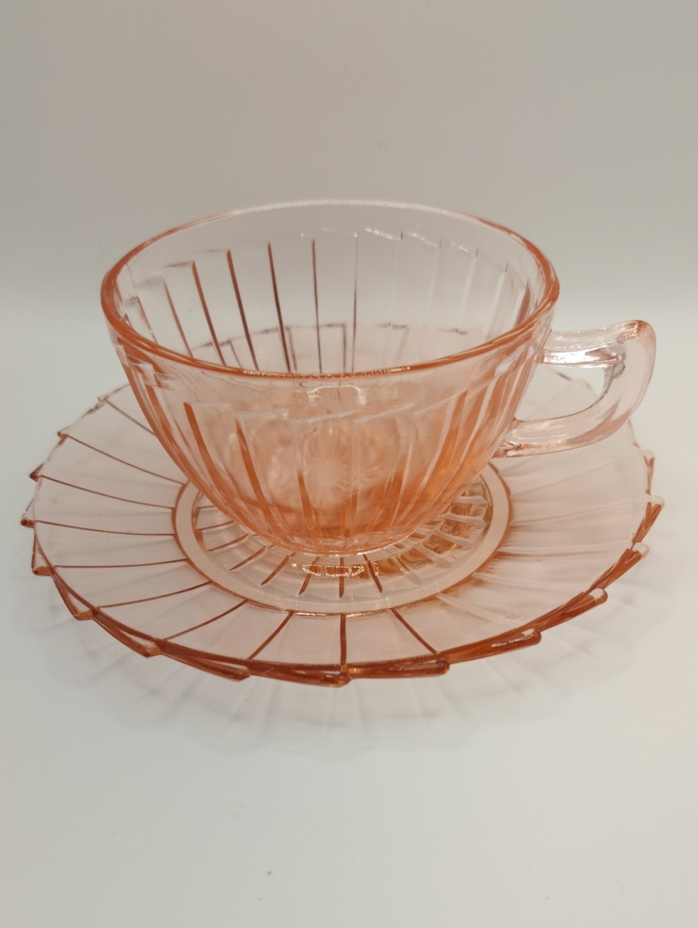 Vintage Sierra/Pinwheel Pink Depression Glass Teacup & Saucer by Jeannette Glass